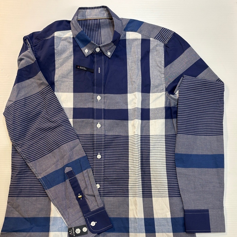 Stylish Blue and Gray Plaid Men's Shirt SIZE L